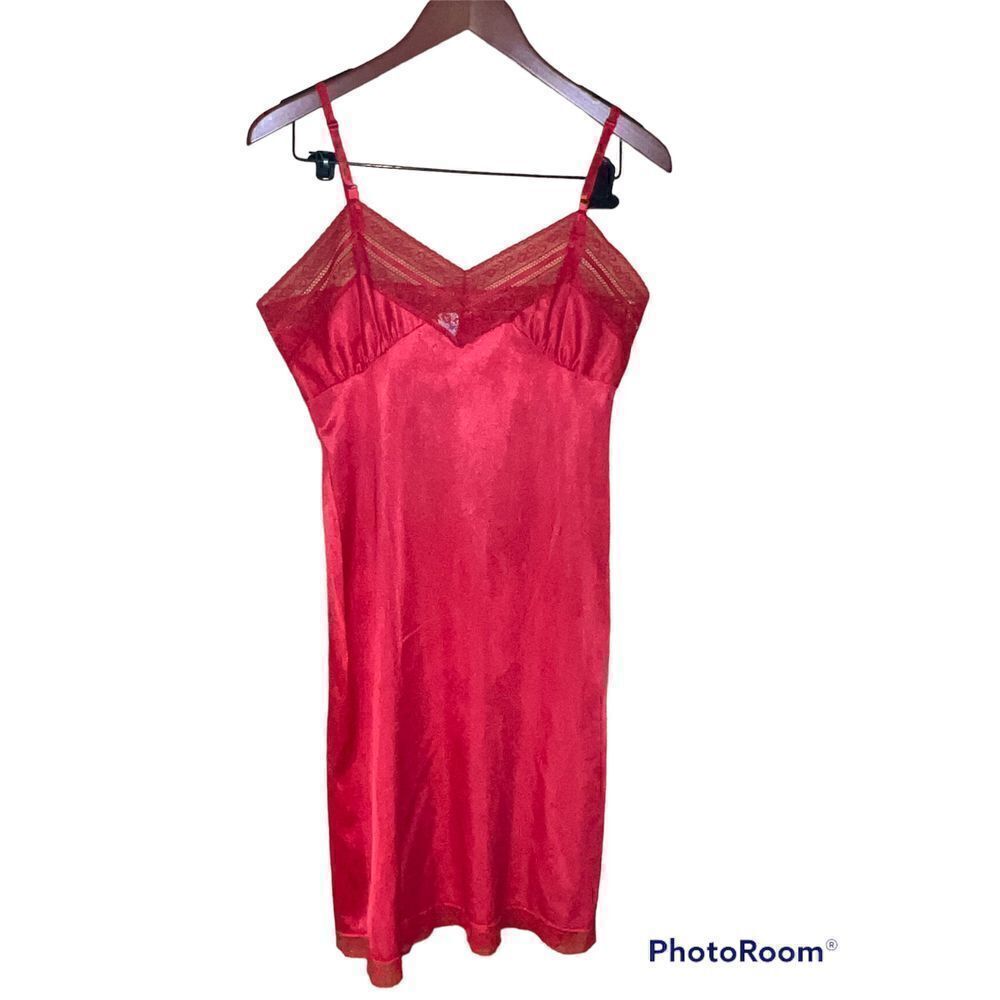 Vintage Mel-Lin Nylon Slip Womens 34 Red Lace Lingerie Slip Dress Boudoir Sexy
